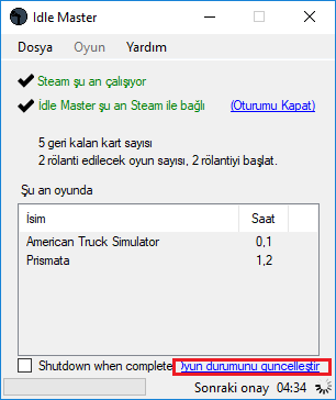 İdle master oyun saati kasma bölümü